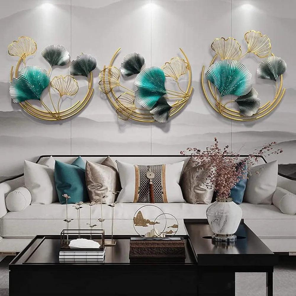 N I CREATIONS modern wall art featuring textured floral designs in gold and teal colors