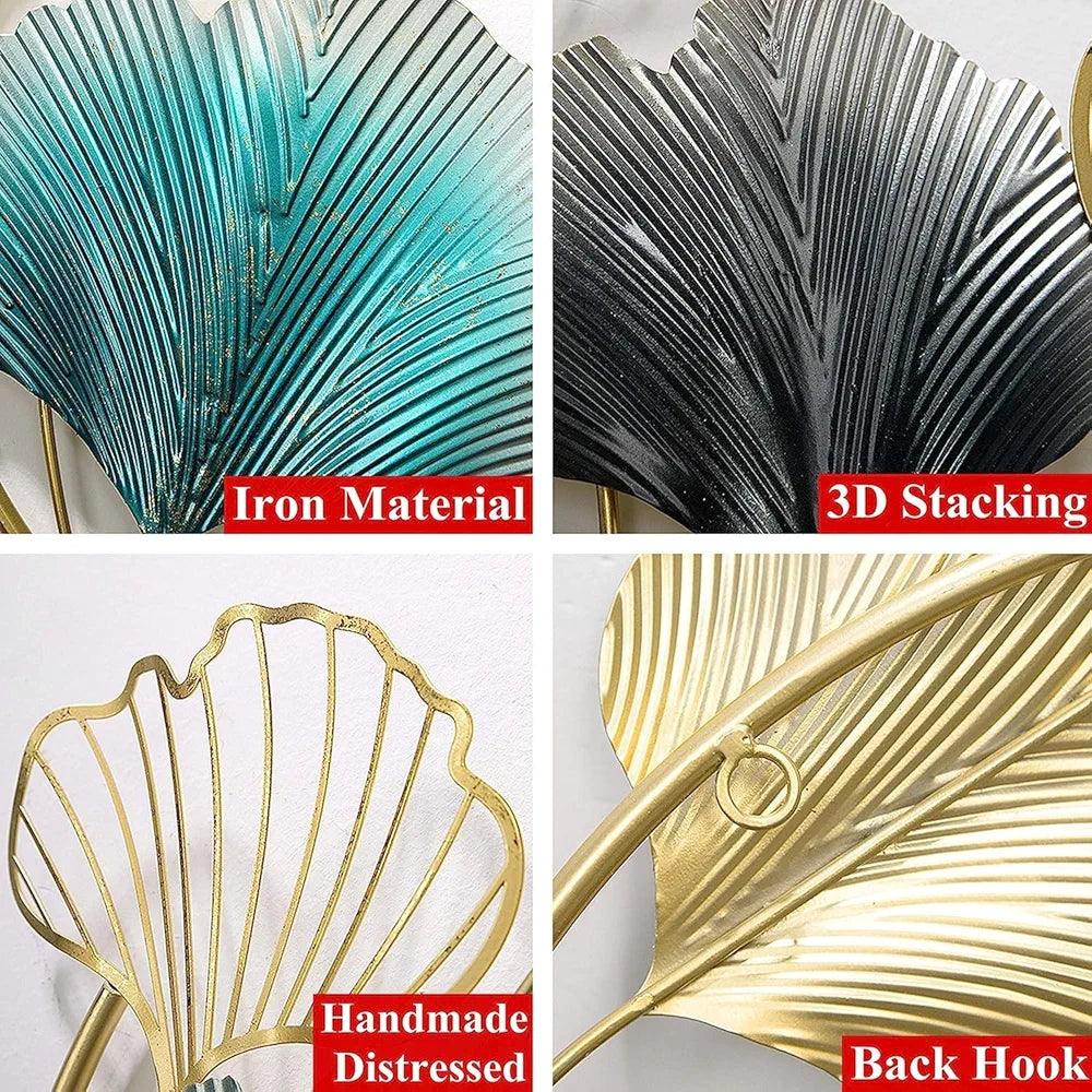 N I CREATIONS wall art featuring 3D stacked metal leaves in teal, black, and gold handmade finishes