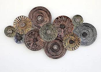 N I CREATIONS metal wall art featuring various decorative circular patterns in bronze and green tones