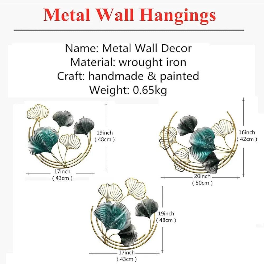 Handmade metal wall art decor featuring green leaves and gold accents for stylish home decoration