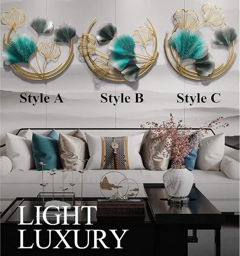 Elegant N I CREATIONS wall art featuring three styles of decorative metal panels on a modern living room wall