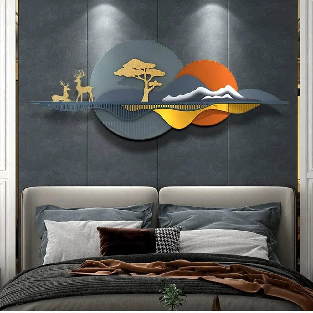 N I CREATIONS metal wall art featuring a scenic design with deer, trees, and mountains for home decor