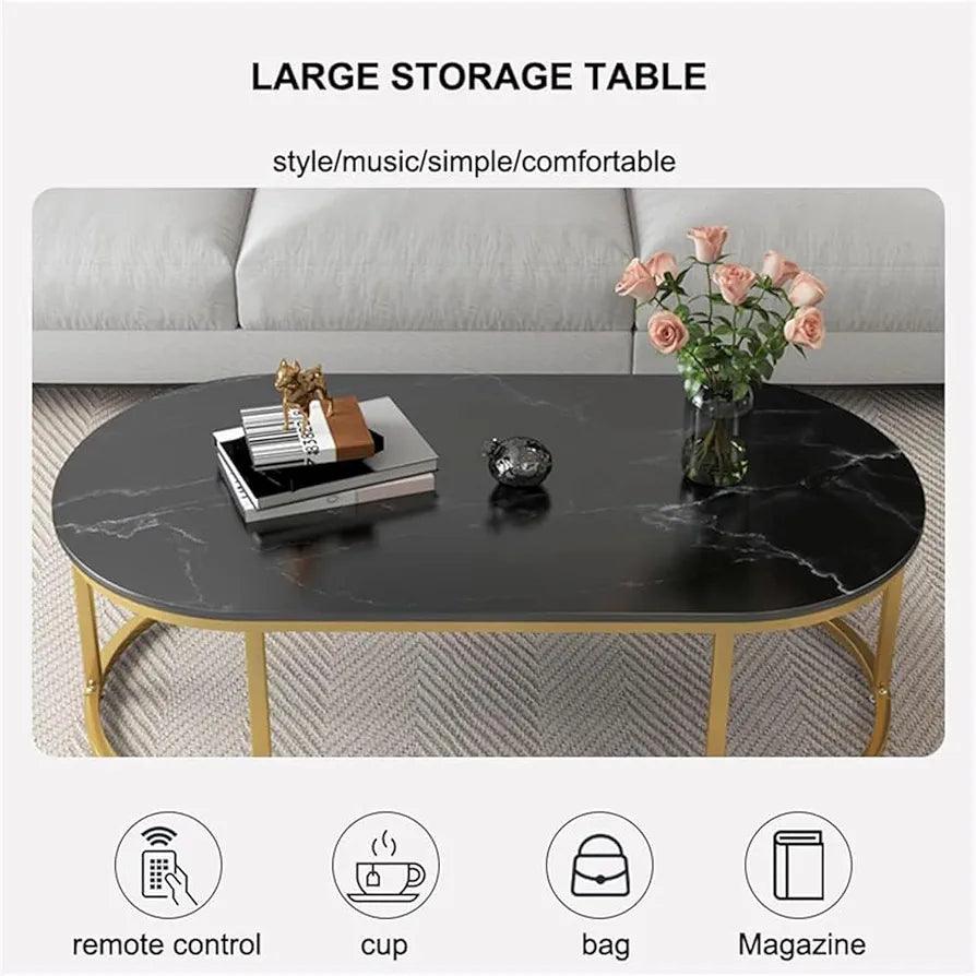 Modern coffee table with a sleek black marble top and golden legs, perfect for stylish home decor