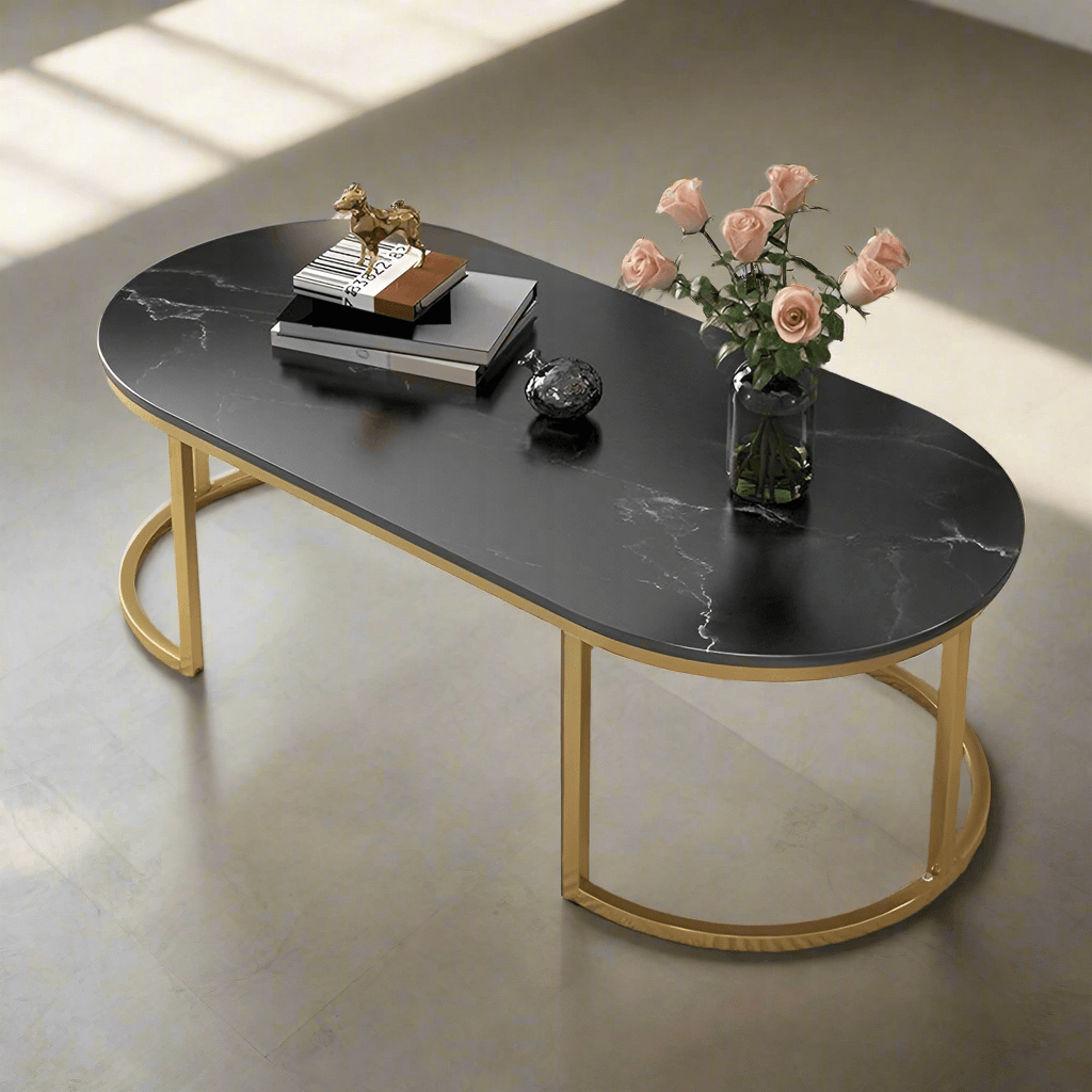 Elegant N I CREATIONS modern coffee table with a black marble top and gold metal legs