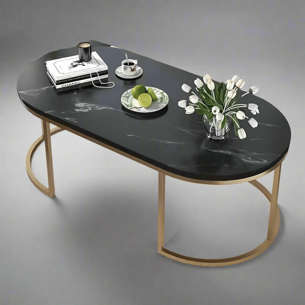 N I CREATIONS Modern Coffee Table with Black Marble Top and Gold Base, Perfect for Home Decor