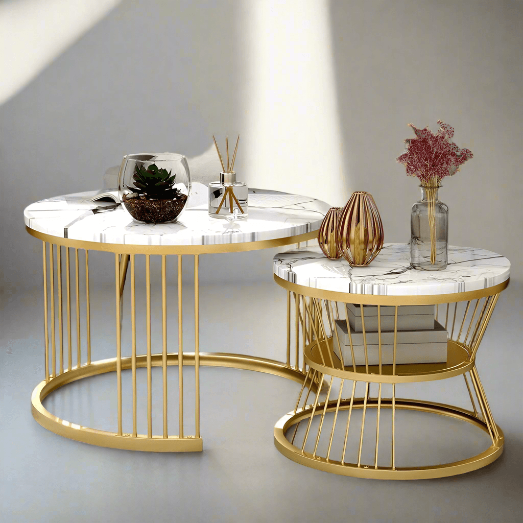 Stylish N I CREATIONS coffee table set with elegant marble tops and gold metal frames
