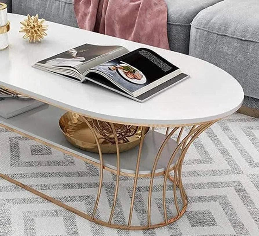 N I CREATIONS Modern Oval Coffee Table with Stylish Gold Base and Decorative Accessories