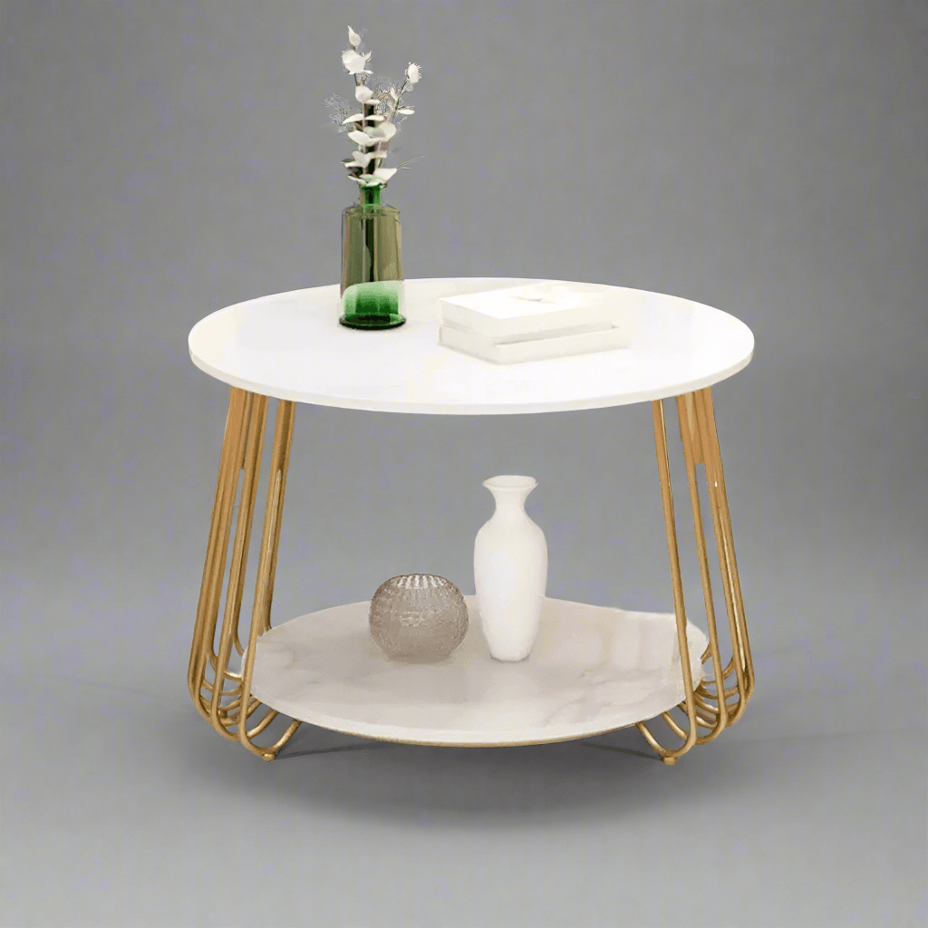 Round white marble end table with gold frame – studio view