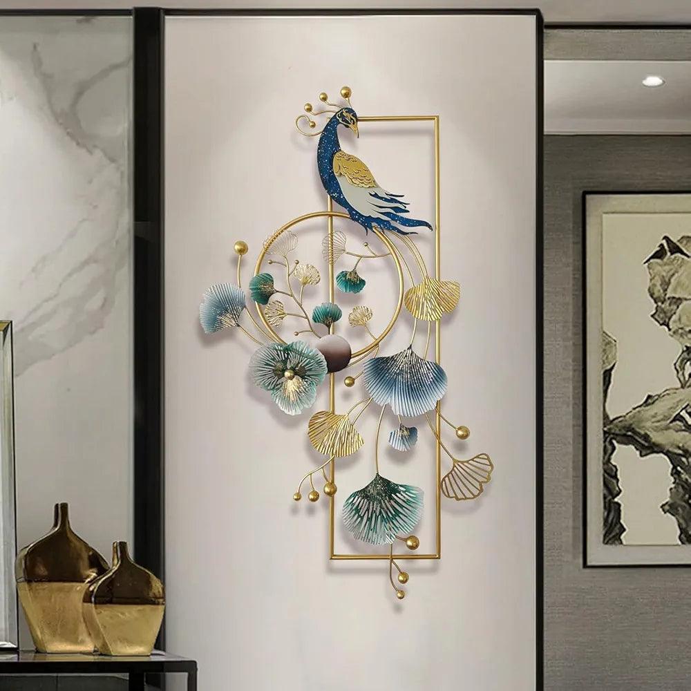 Elegant Peacock wall art in gold and blue tones for modern home decor