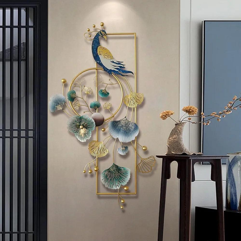 Elegant peacock wall art featuring vibrant colors and floral accents for home decor