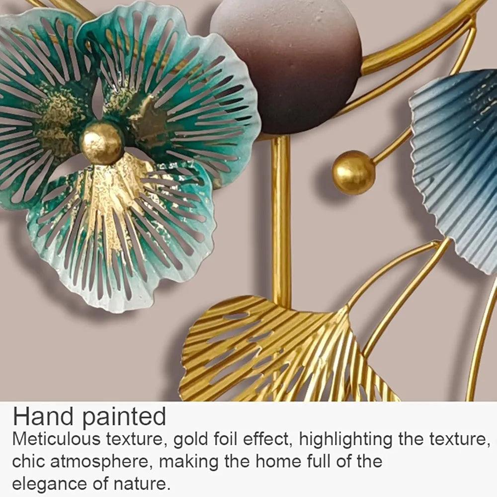 N I CREATIONS hand-painted peacock wall art with gold foil accents and textured leaves