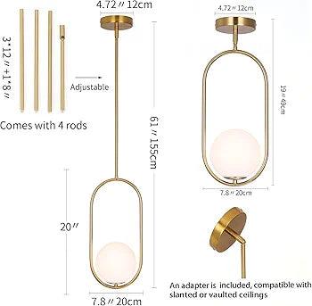 N I CREATIONS modern pendant light with adjustable rods and white globe for stylish home decor