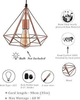 N I CREATIONS pendant light diamond cage design with metal frame and vintage bulb holder for stylish home decor