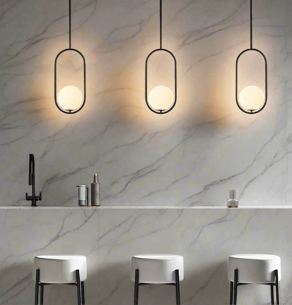 → Elegant black pendant lights with frosted glass in modern bathroom setup