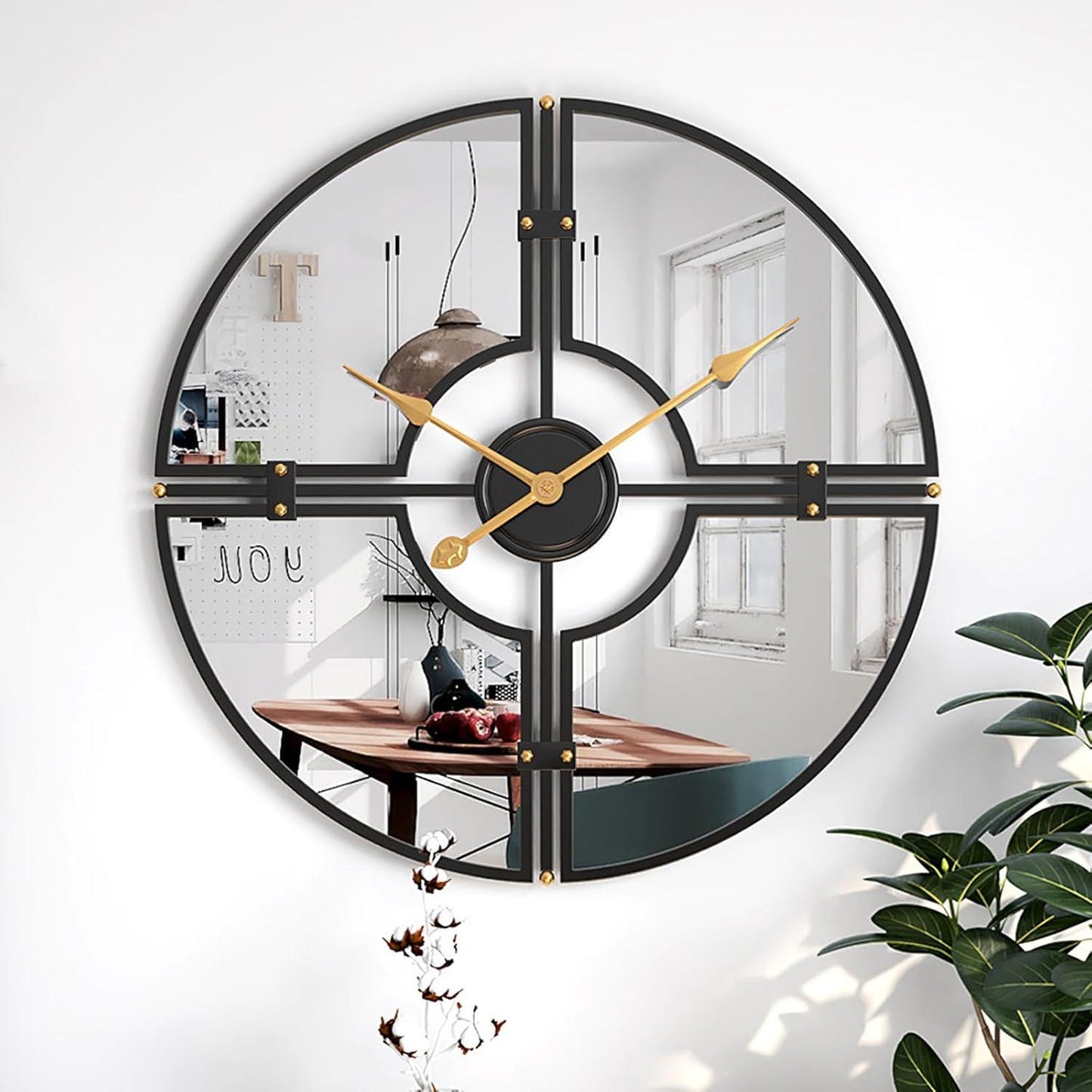 Mirror wall clock mounted on wall – clean front view