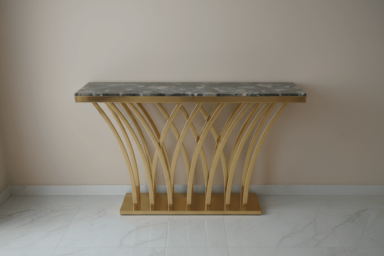 Modern Console Design – White Marble Top & Golden Metal Base Entryway Table
