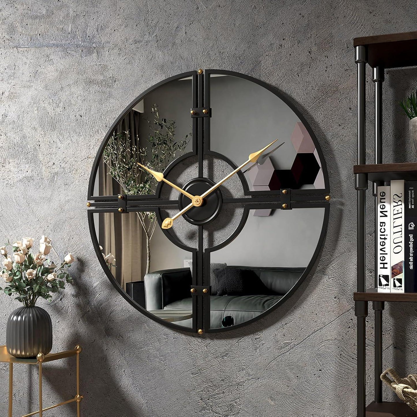 Close-up of wall clock’s face and metallic frame design