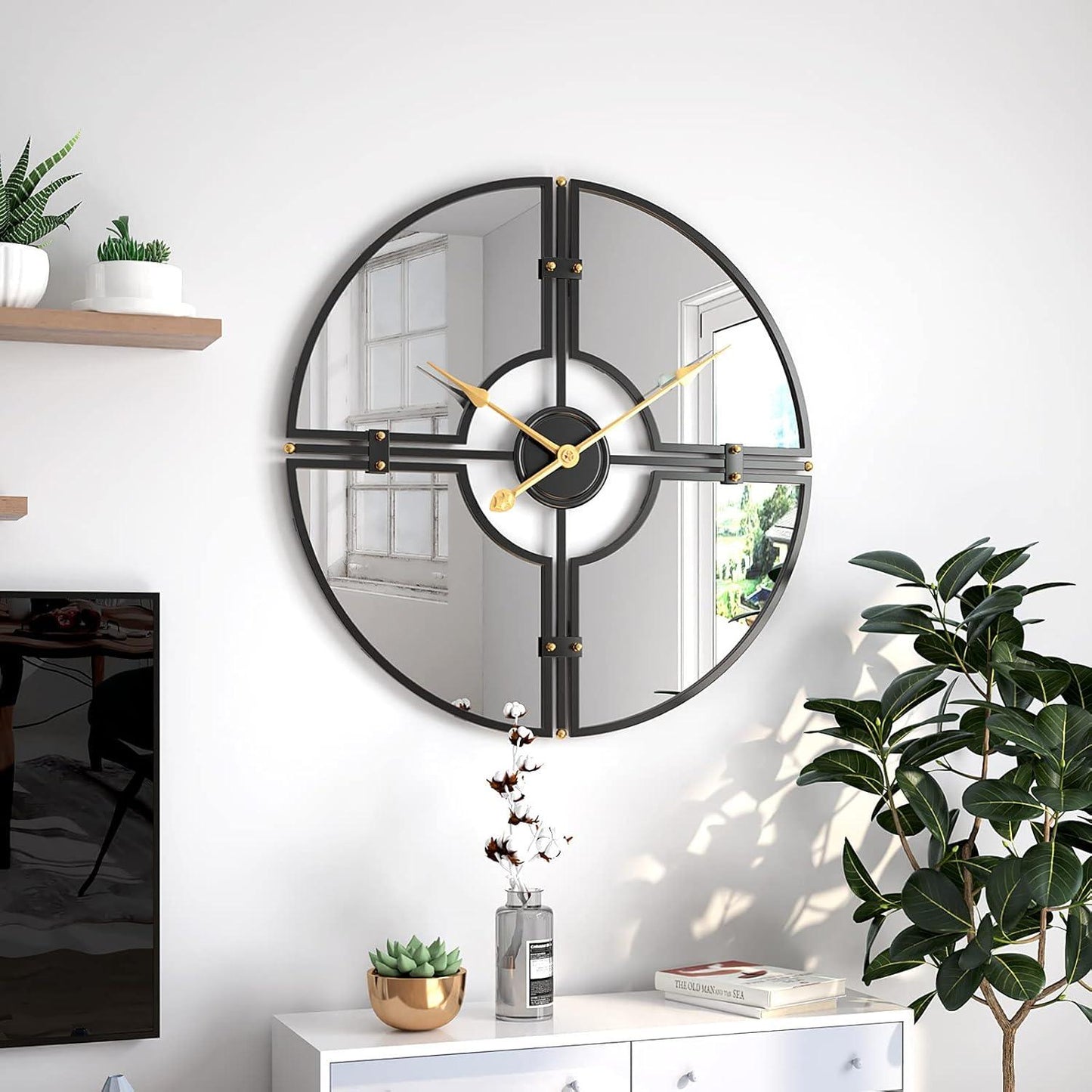 Decorative wall clock on living room wall with visible hall décor