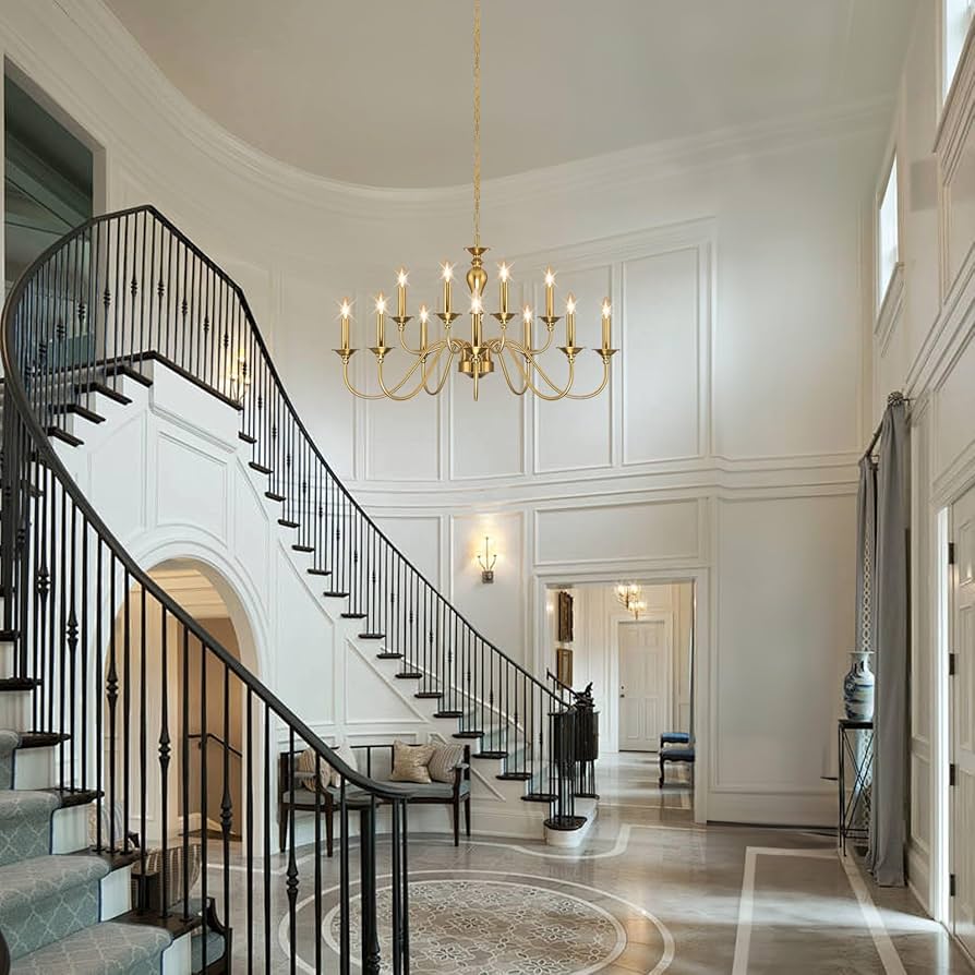 Luxury 12-Light Gold Farmhouse Chandelier – Industrial Candle Hanging Light for Dining & Living Spaces