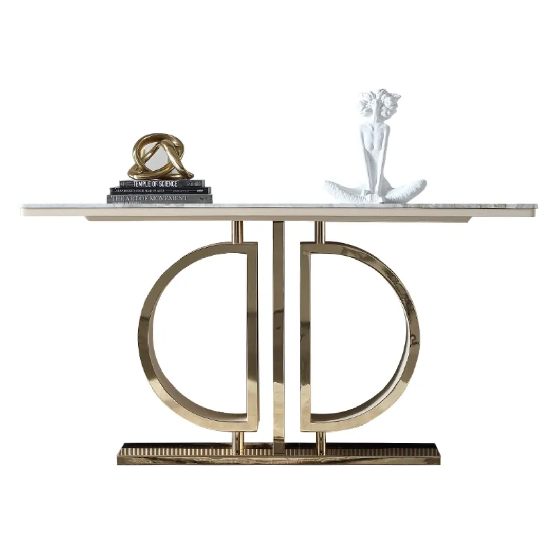 Decorative console table with marble top and gold metal base on a white background