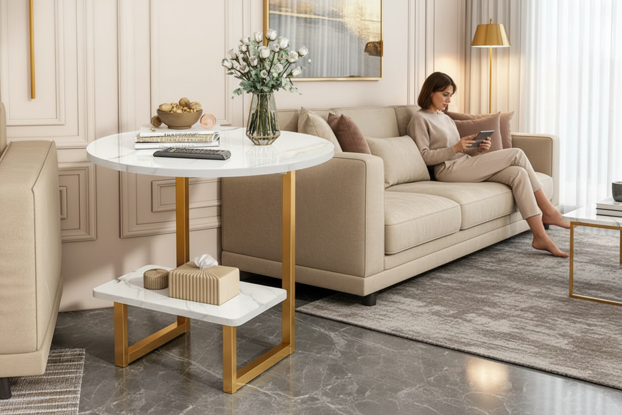 Round marble coffee table with gold legs in a living room setting.