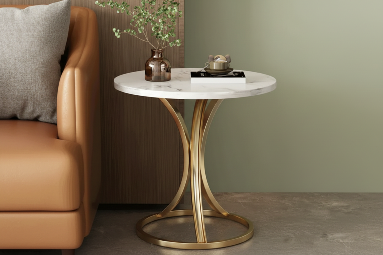 Small round marble table with gold metal base in a room setting