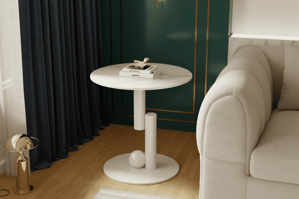 Modern white side table with marble top beside beige sofa, ideal for stylish home decor and living room furniture.