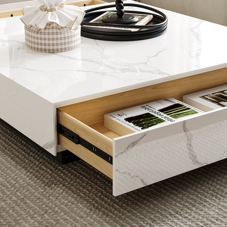 Luxury Sintered Stone Square Coffee Table with Wood Base & Storage – Modern Living Room Center Table