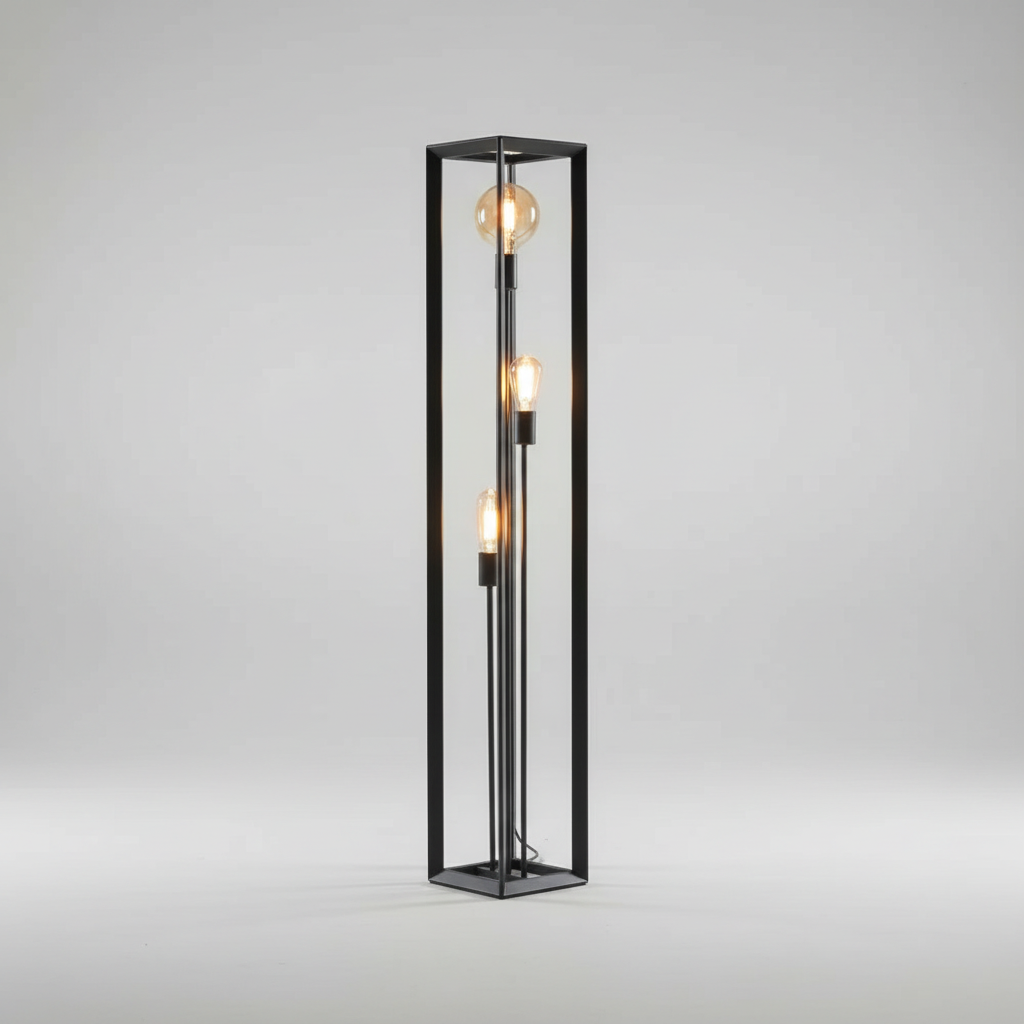 Modern floor lamp with black metal frame and glass panels, shown in two angles.