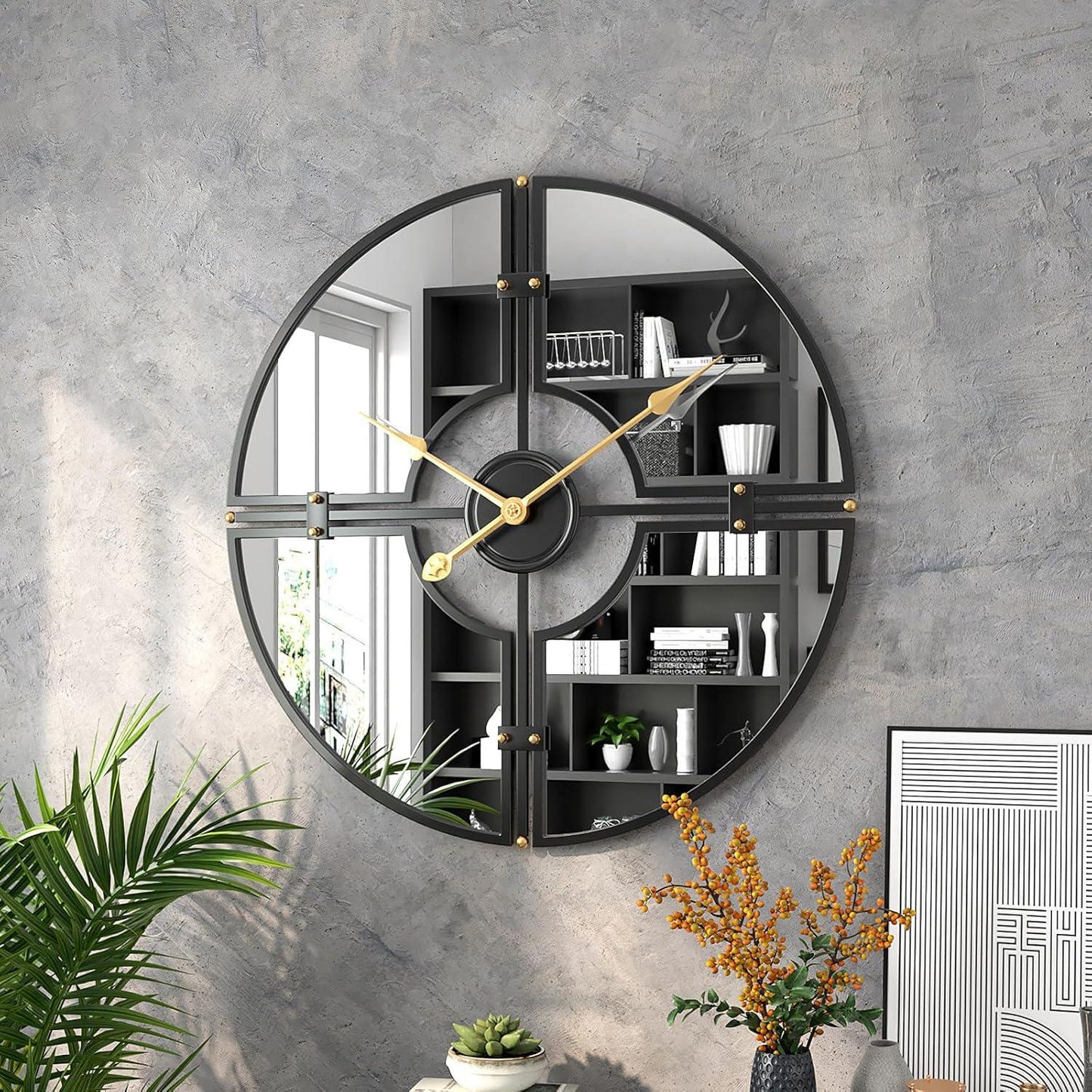 Straight-on view of decorative clock – mirror and metal finish