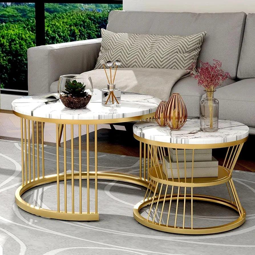 Elegant N I CREATIONS coffee table set with gold metal base and marble tops, perfect for modern living rooms