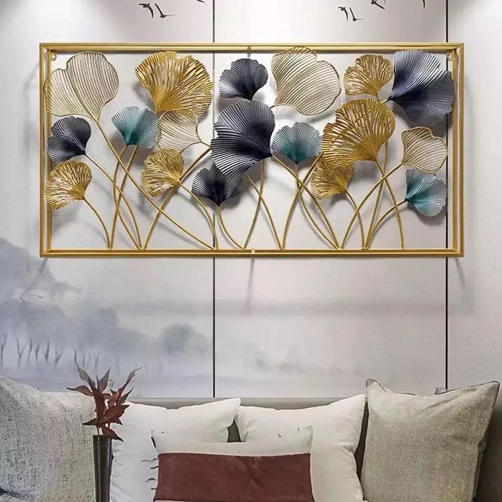 Wall art featuring gold and blue leaves design for home decoration