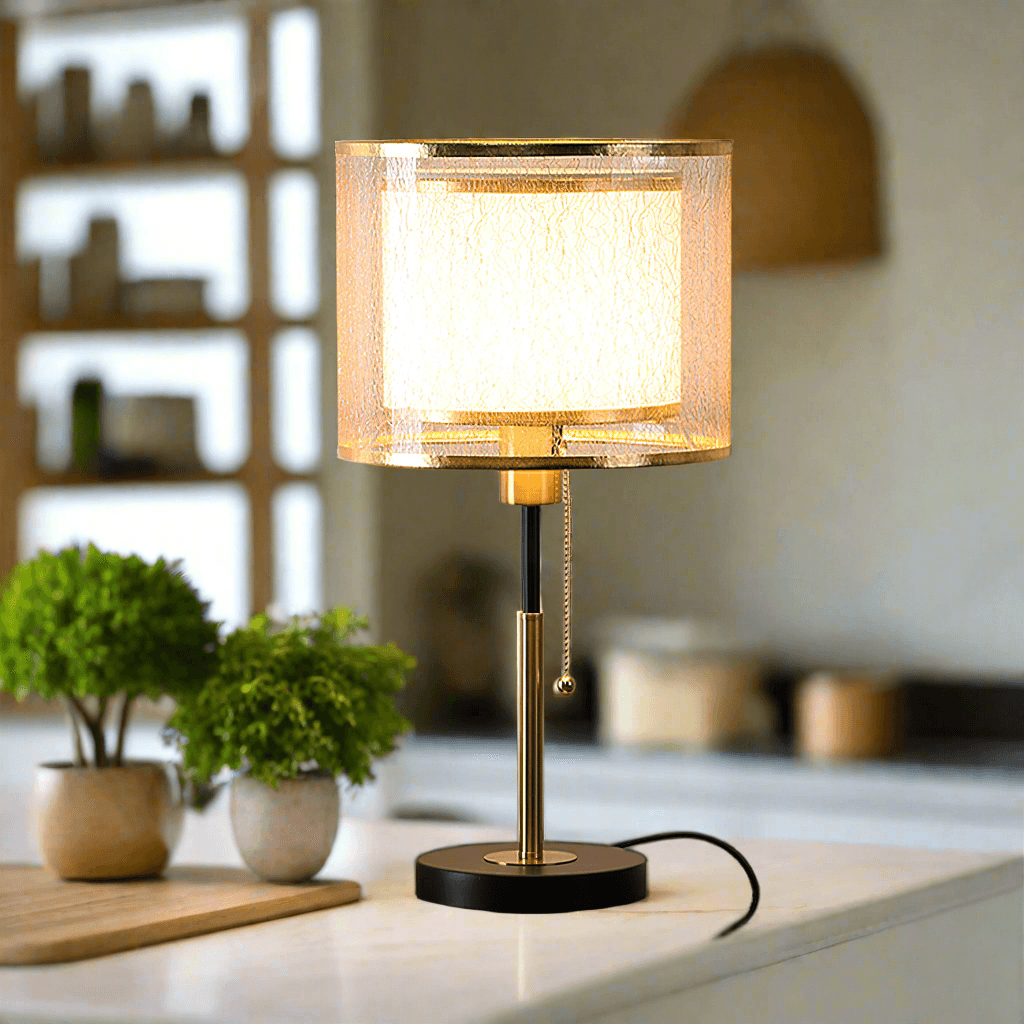 N I CREATIONS elegant table lamp with a stylish fabric shade and gold accent on a black base
