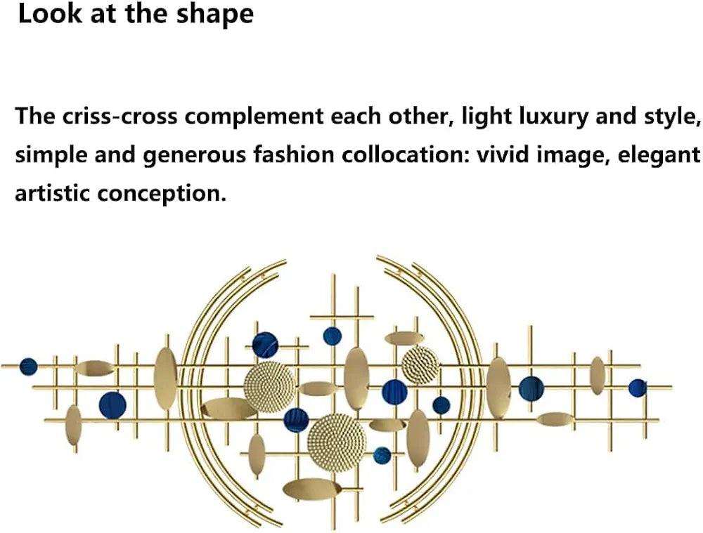 N I CREATIONS modern wall art featuring criss-cross design with gold and blue accents
