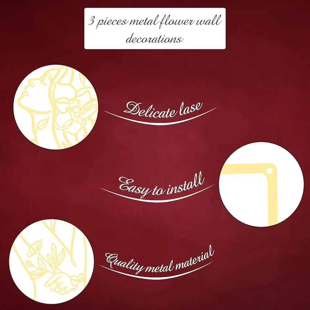 Delicate 3 pieces metal flower wall art decorations easy to install with quality metal material