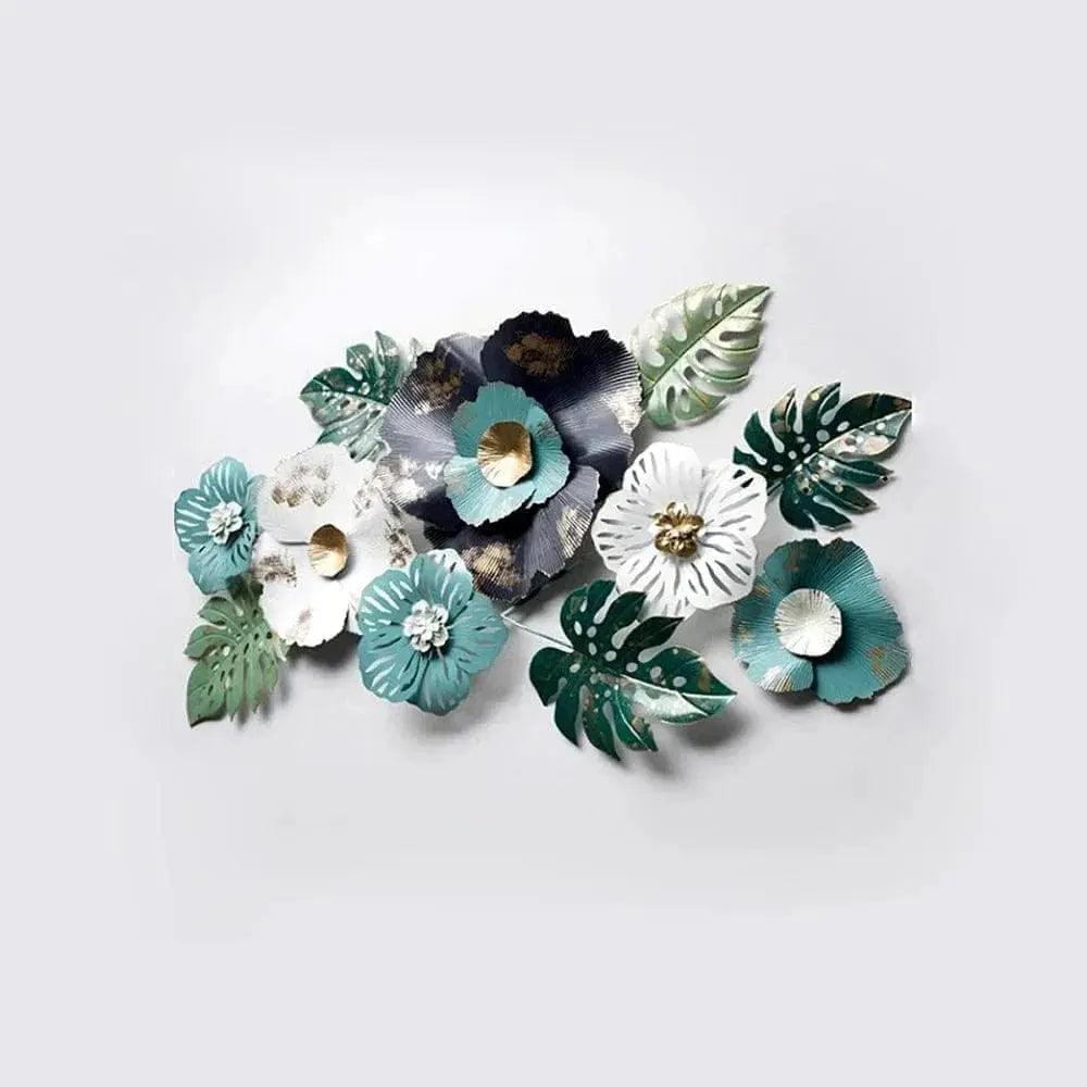 Colorful floral wall art featuring intricate paper flowers and leaves in various shades