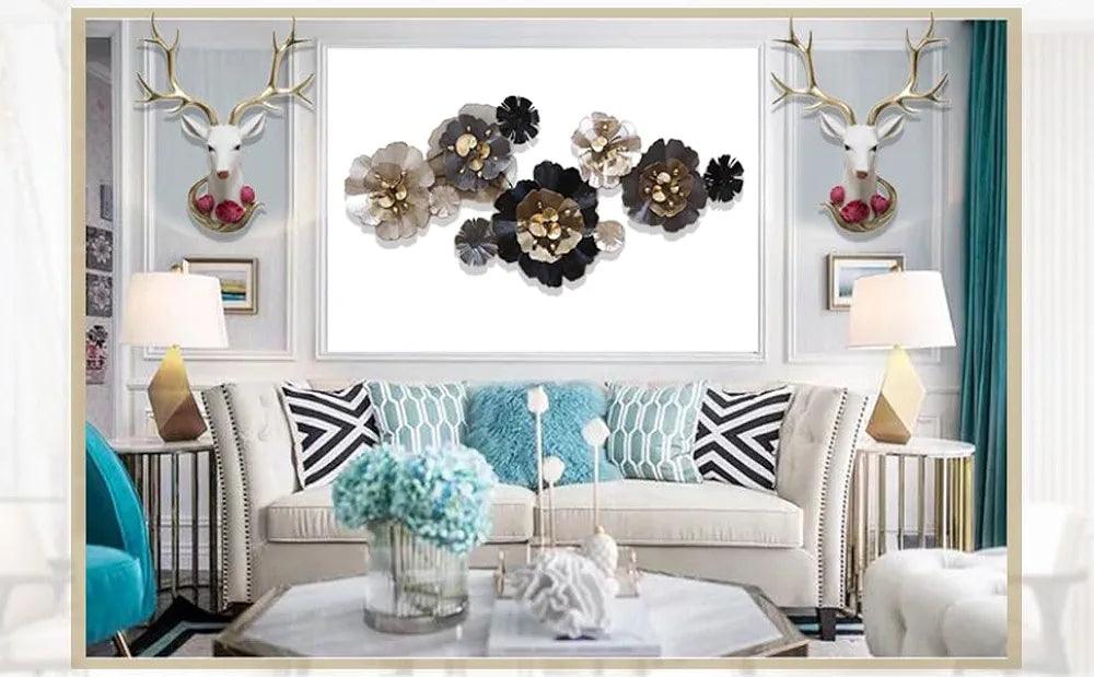 Living house interior showing zoomed-out view of 3D flower metal art
