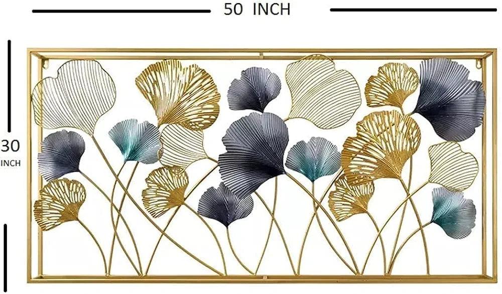 N I CREATIONS decorative wall art featuring gold and blue floral design, measuring 50x30 inches