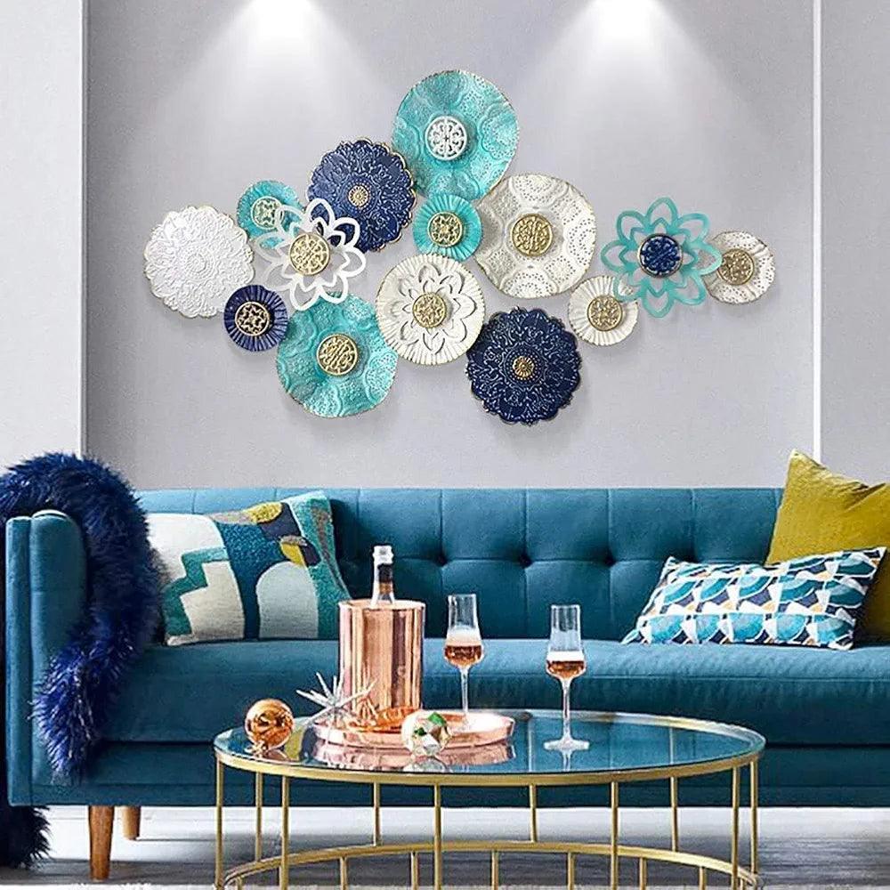 N I CREATIONS wall art featuring decorative plates in various colors on a modern living room wall