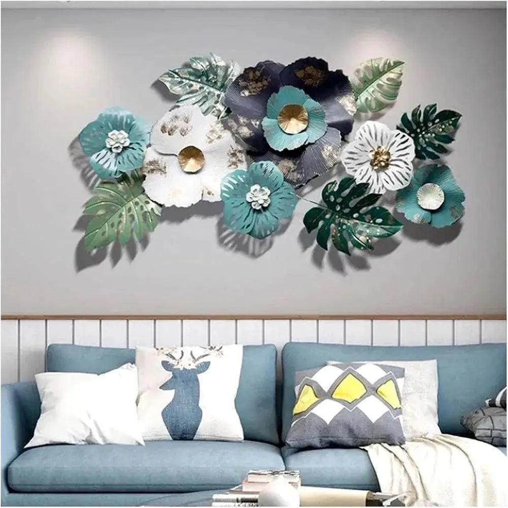 Colorful metal wall art featuring flowers and leaves, enhancing living room decor