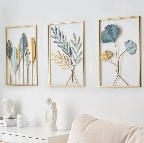 N I CREATIONS Elegant Wall Art Set Featuring Three Framed Leaf Designs in Soft Colors