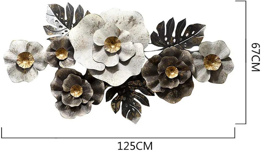N I CREATIONS elegant wall decor featuring metal flowers with gold accents, measuring 125CM by 67CM