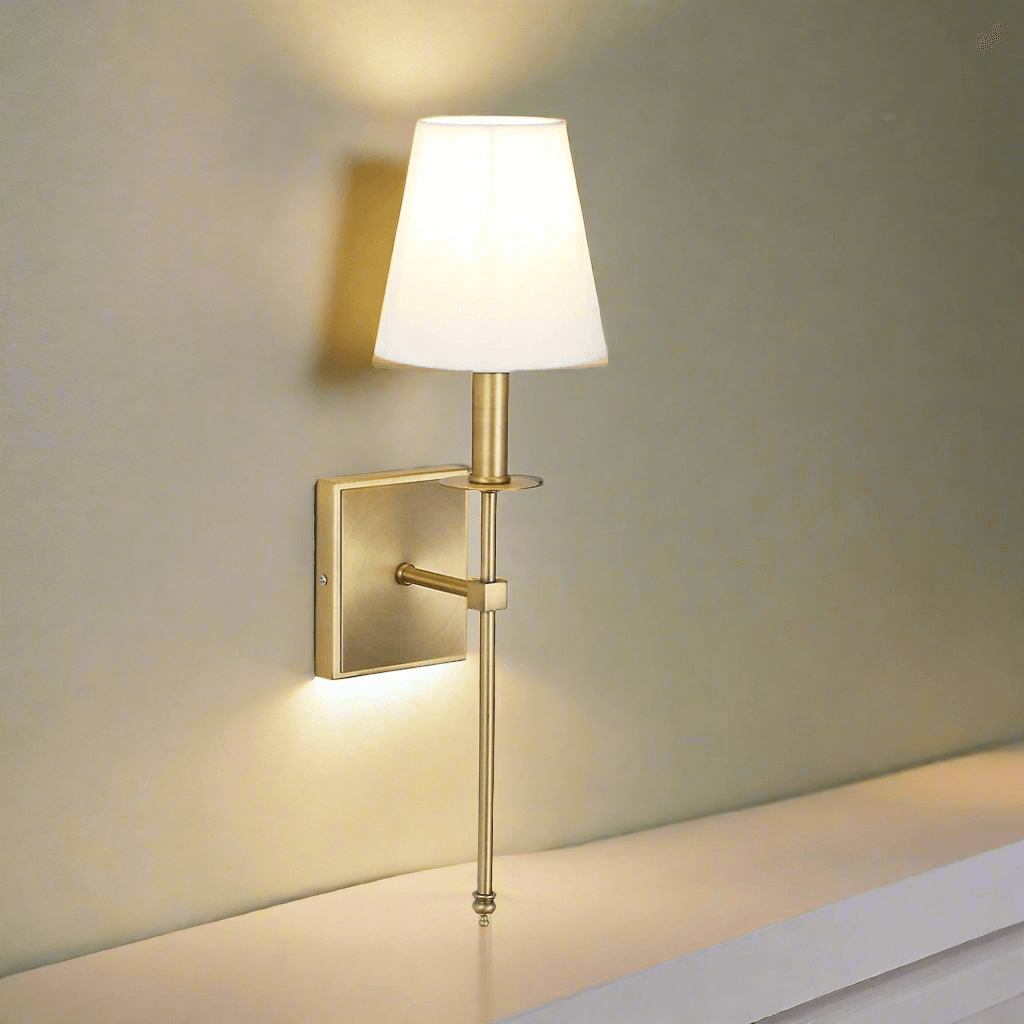 N I CREATIONS elegant wall light with a stylish white shade and gold finish, perfect for home decor