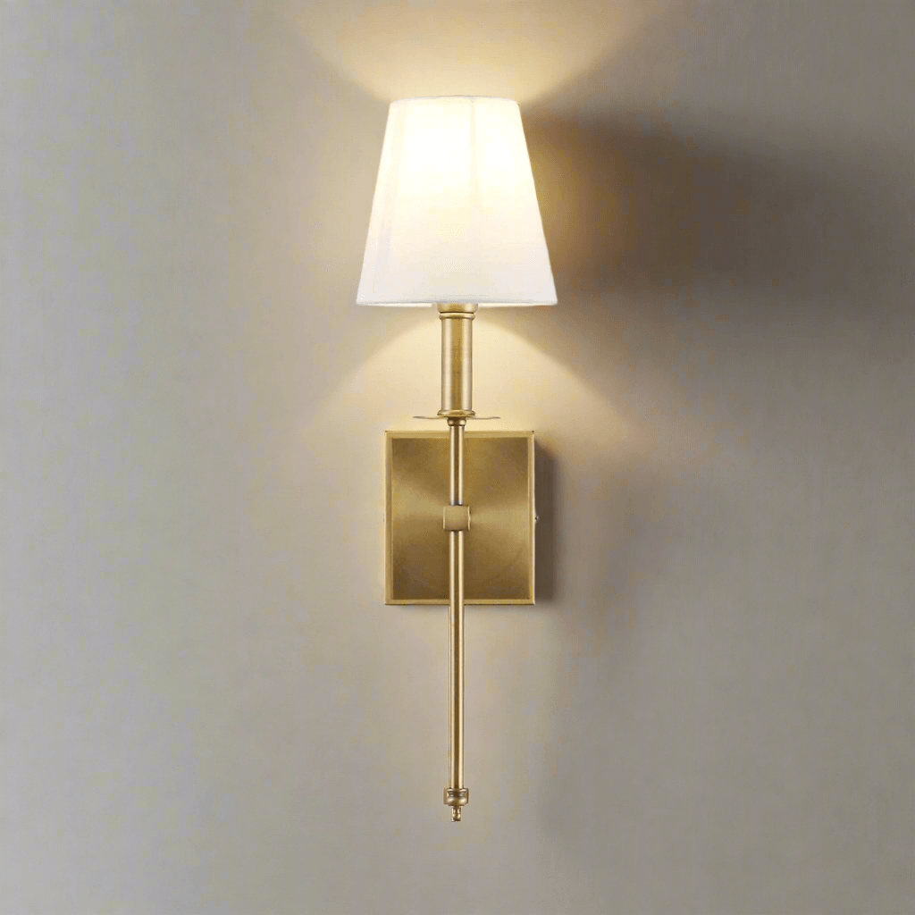 Elegant N I CREATIONS wall light with gold finish and white shade for home decor