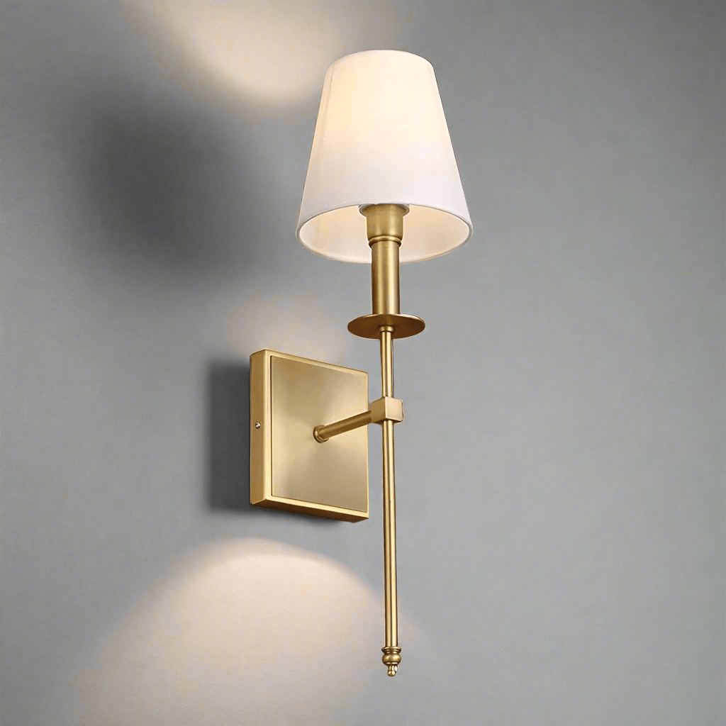 Elegant N I CREATIONS wall light with brass finish and fabric shade for stylish home decoration