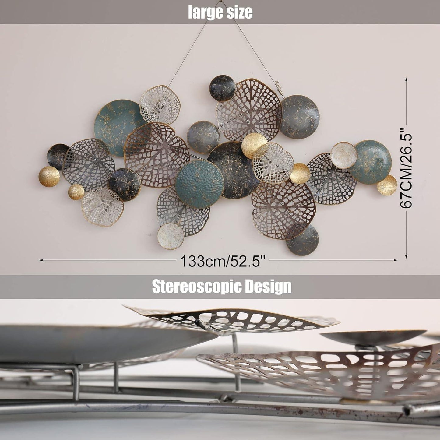 Large N I CREATIONS wall sculptures featuring a stereoscopic design with metallic and geometric shapes