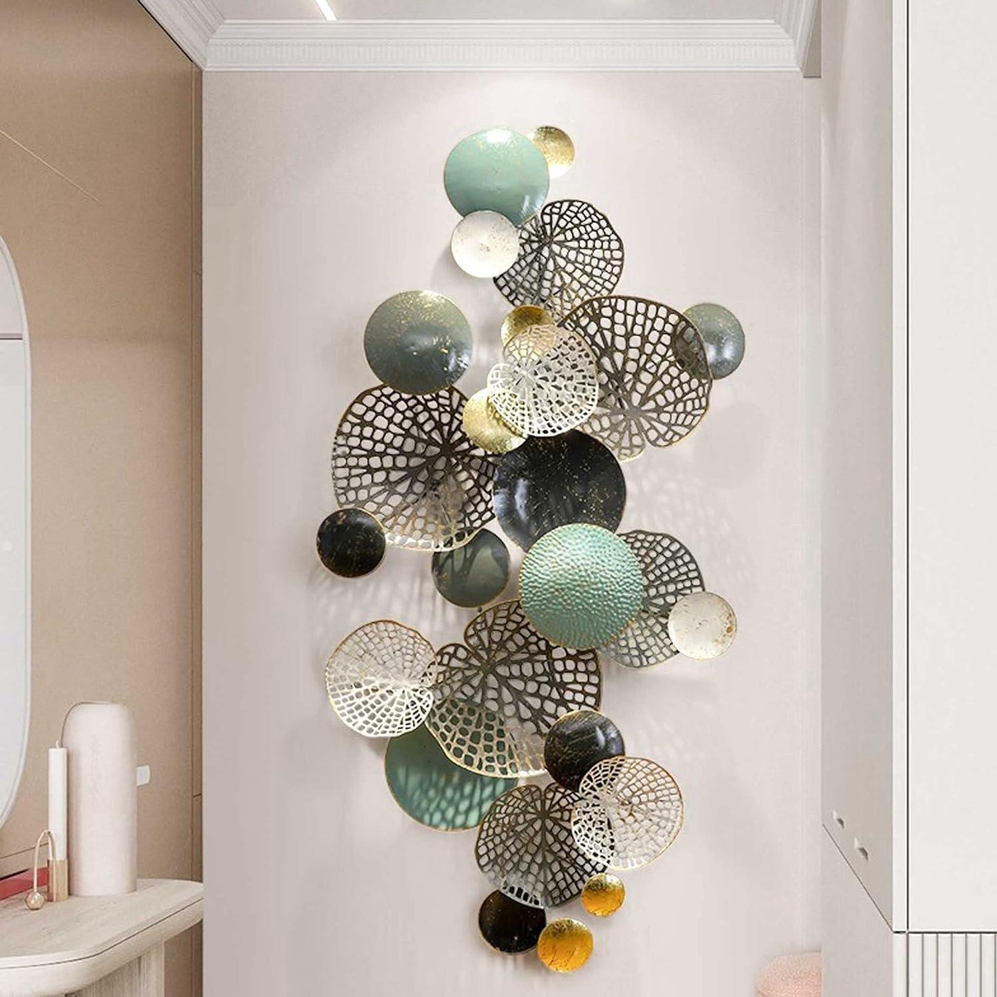 N I CREATIONS modern wall sculptures featuring intricate circular designs in various colors for home decor