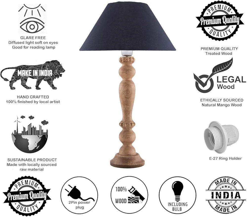 Handcrafted wooden table lamp with a stylish black shade, ideal for reading and home decor.
