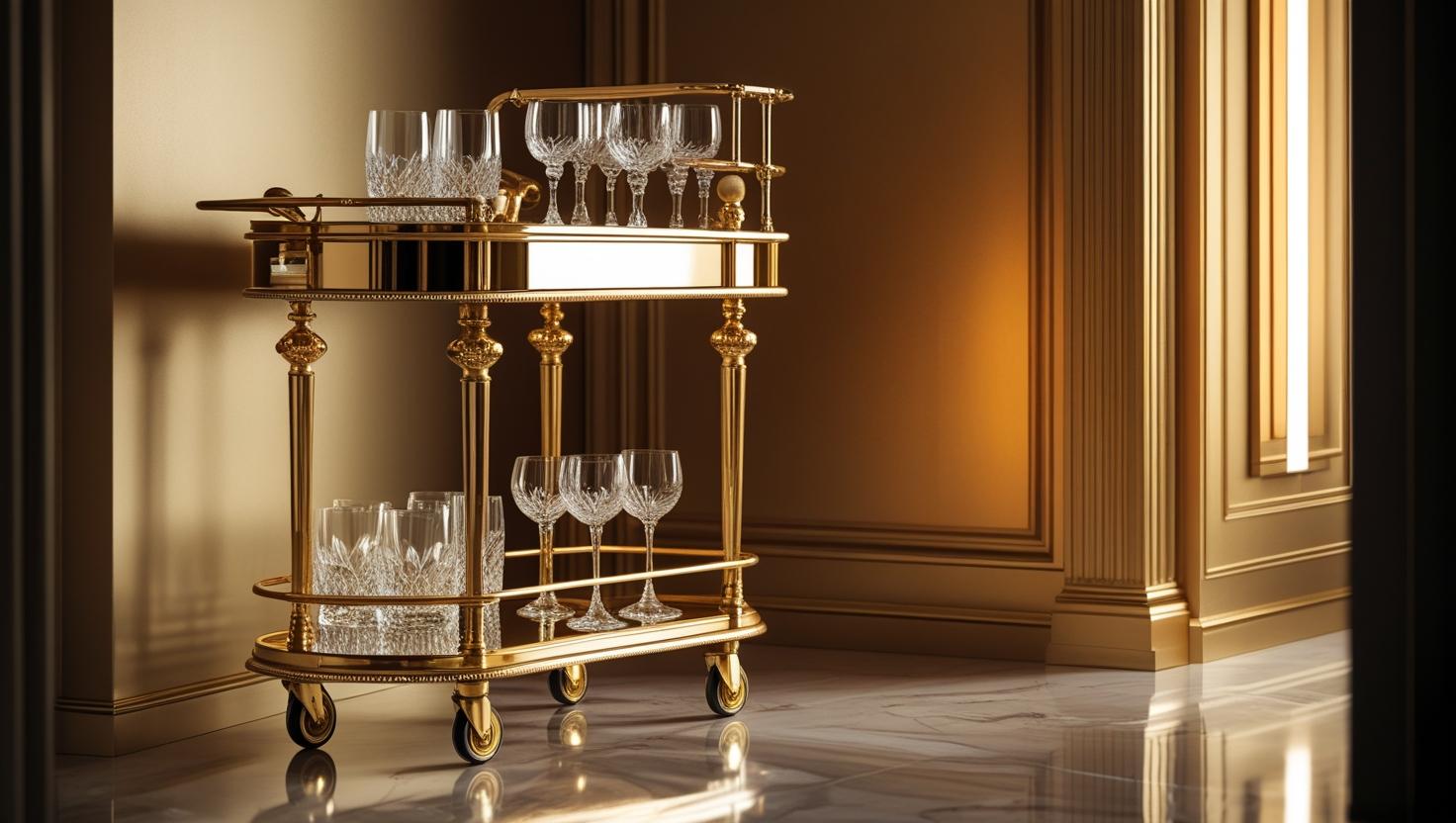 Elegant bar trolley with glassware and bottle setup – N I CREATIONS