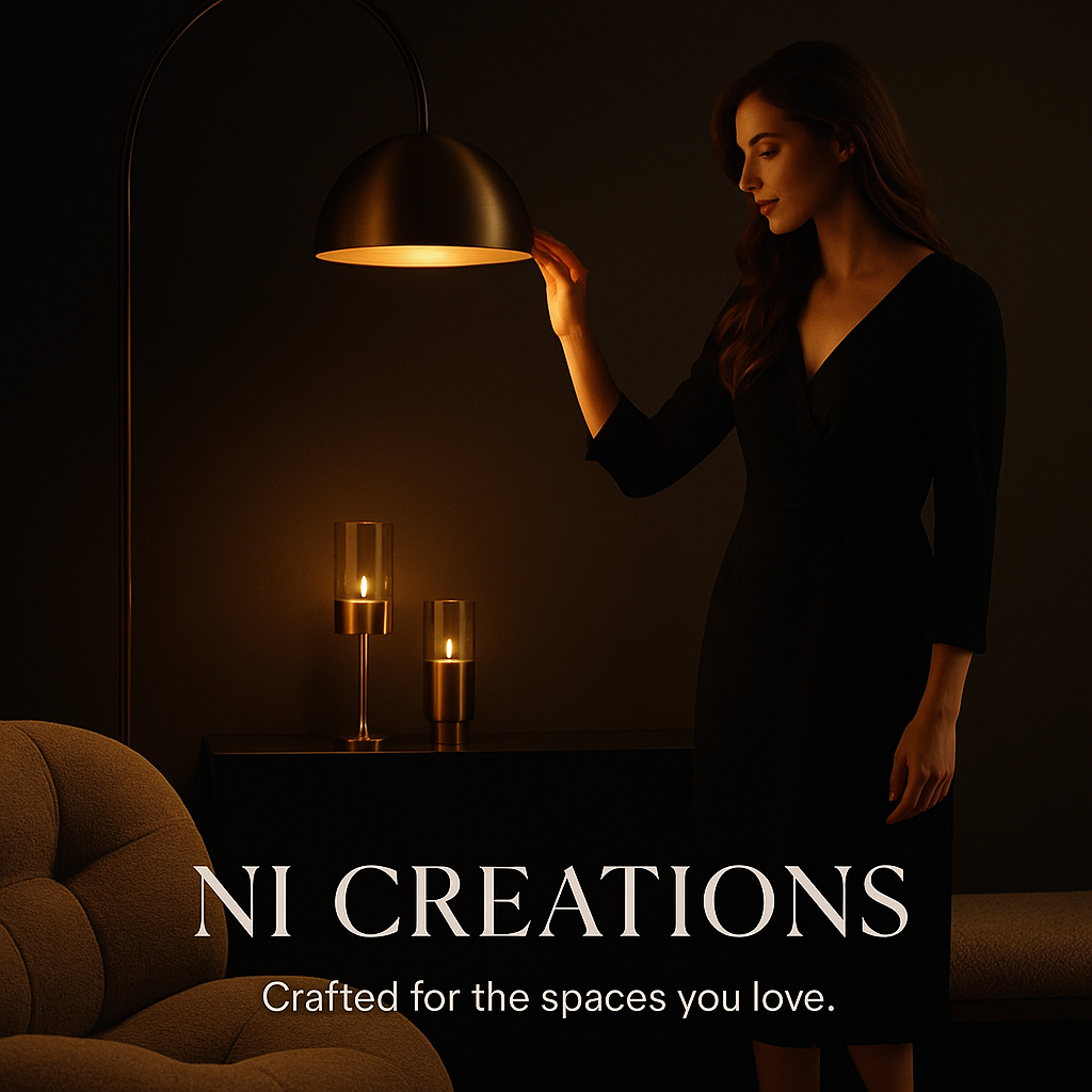 Modern arc floor lamp with fabric shade placed near a sofa – premium lighting by N I CREATIONS™
